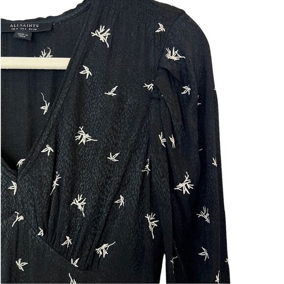 ALLSAINTS Rosi Embroidered Mini Dress Grunge Floral Long Sleeve V-Neck Crepe 4 - Picture 7 of 12